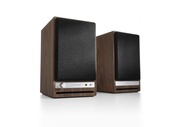 Front side of HD4 Next Gen Walnut with speaker grill.
